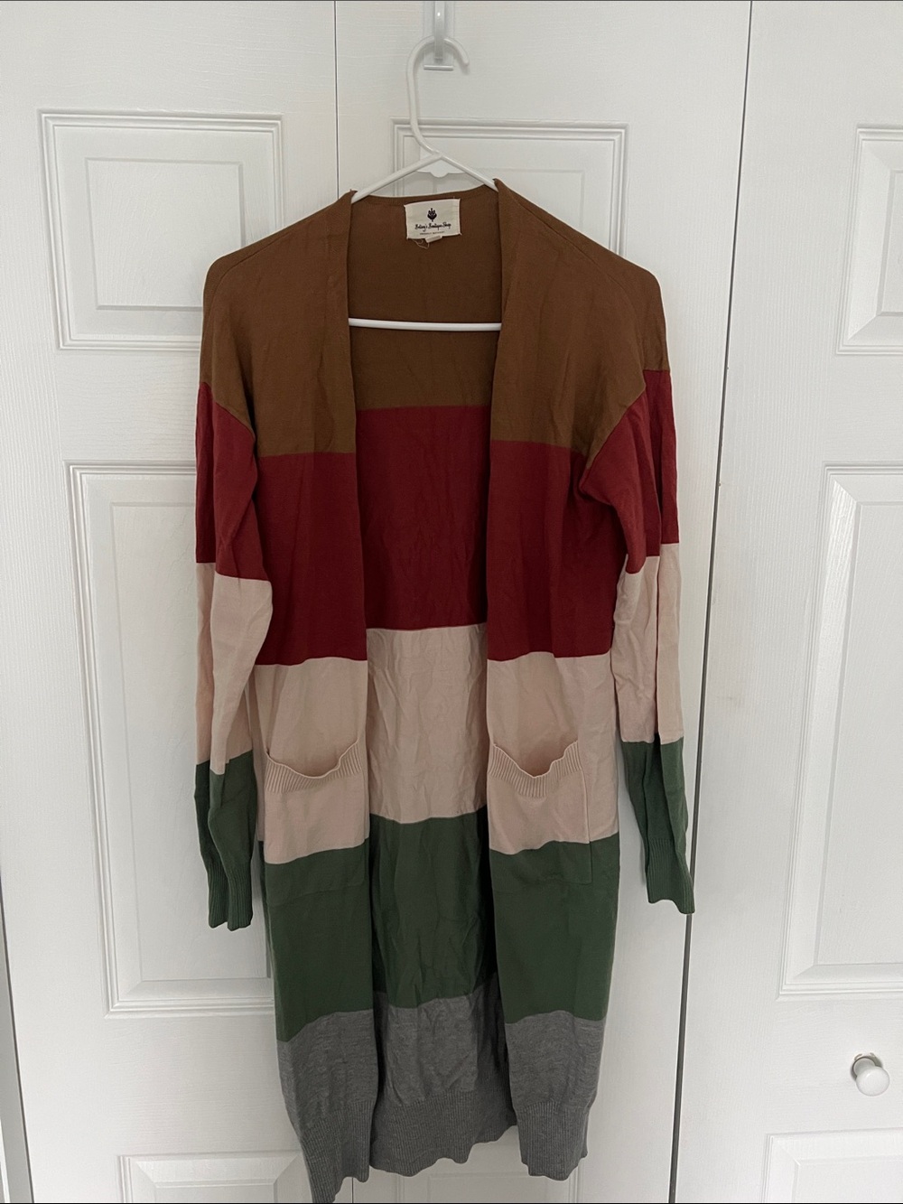 Striped Long Open-Front Cardigan Sweater in Brown/Red/Green